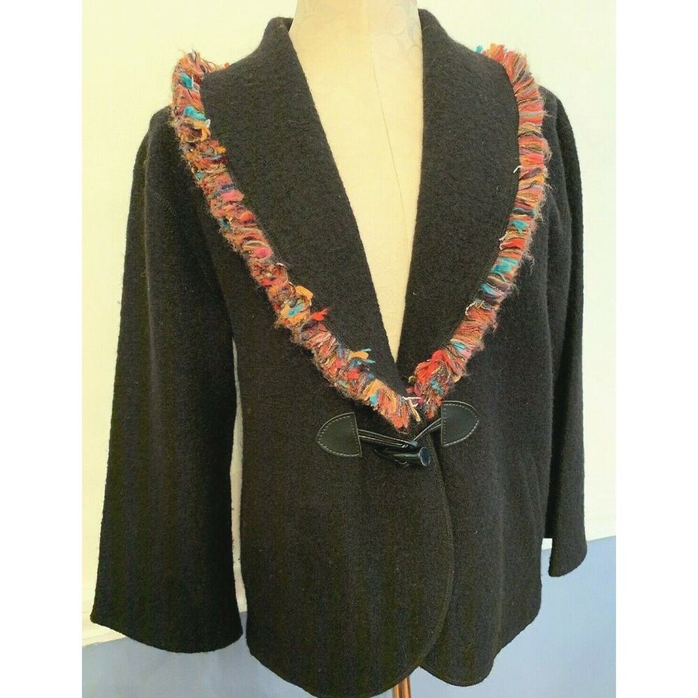 Medium Petite Ruby Road Petite Black Wool with Multicolor Fringe Women's Jacket